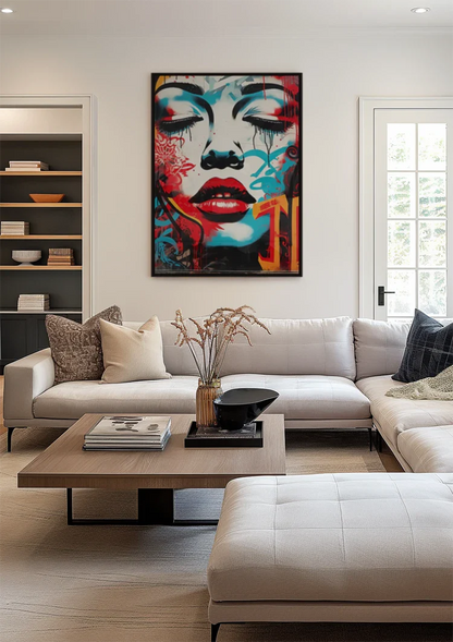 Woman's Face with Red Lips and Blue Tones Pop Art Painting