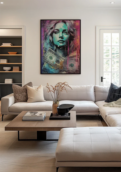 Woman with Dollar Bills Colorful Pop Art Painting