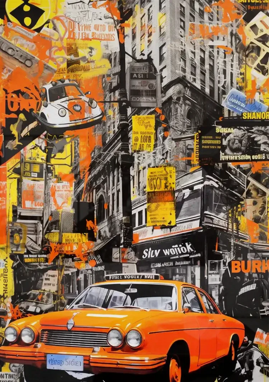 Oranges Vintage-Auto Leinwandbild an der Wand über dem Bett im Schlafzimmer