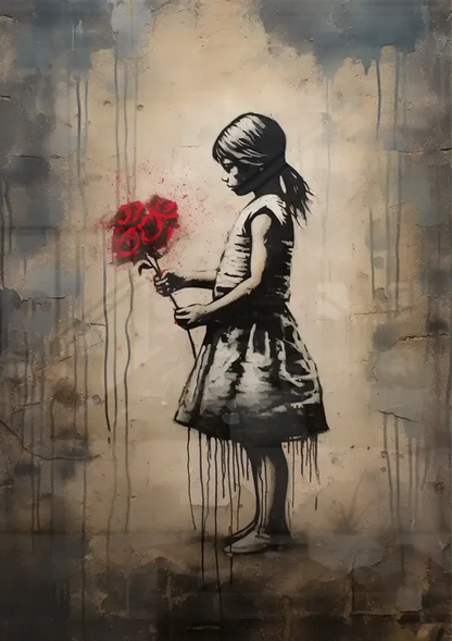Girl Silhouette with Red Bouquet Street Art Style Painting
