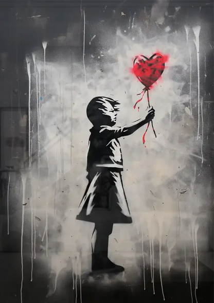 Girl Reaching for Red Heart Balloon Street Art Painting