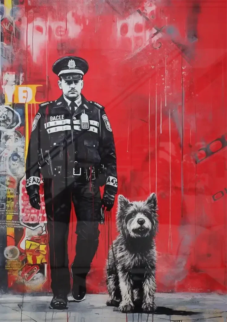 Policeman with Dog Red Graffiti Street Art Painting