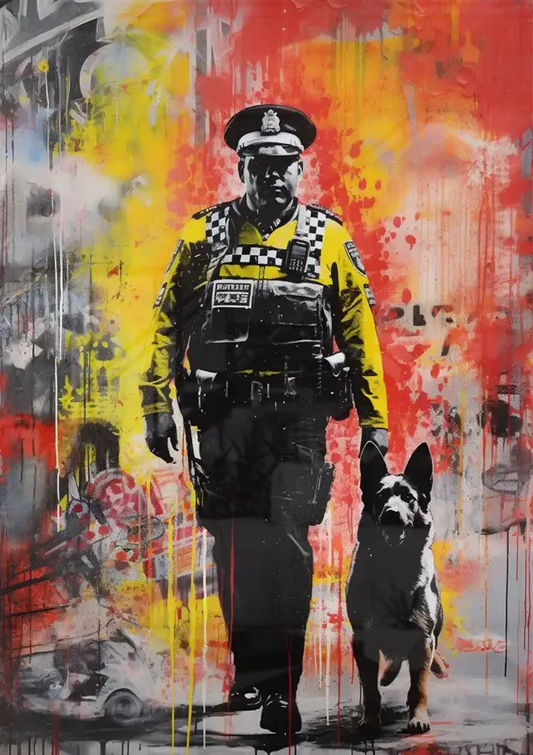 Politieagent met herdershond canvas schilderij aan de muur in de slaapkamer