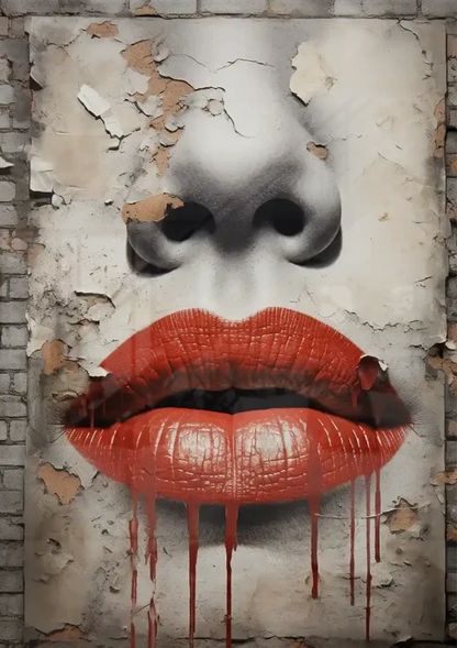 Rote Lippen Tropfendes Street-Art-Gesicht Verwitterte Mauer Grunge-Gemälde