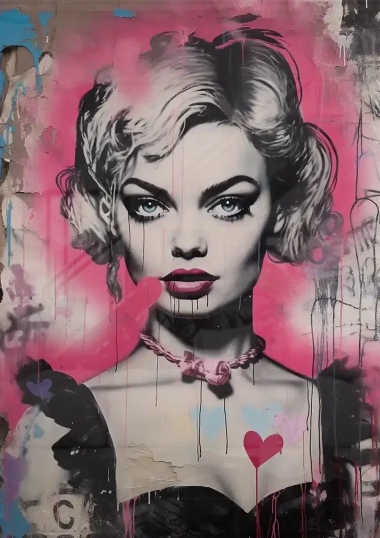 Frauenporträt Blondes Haar Rosa Herz Pop Art Graffiti Gemälde