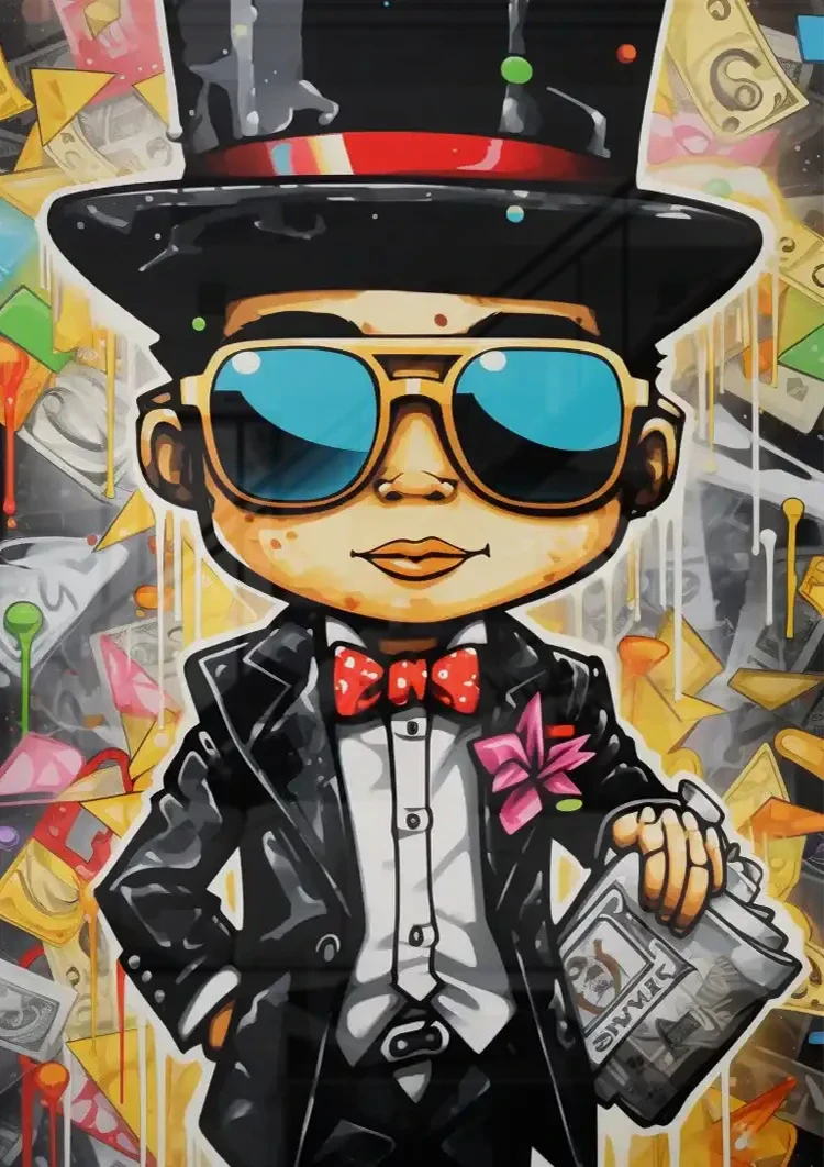 Dapper Man Black Suit Top Hat Sunglasses Newspaper Pop Art Painting