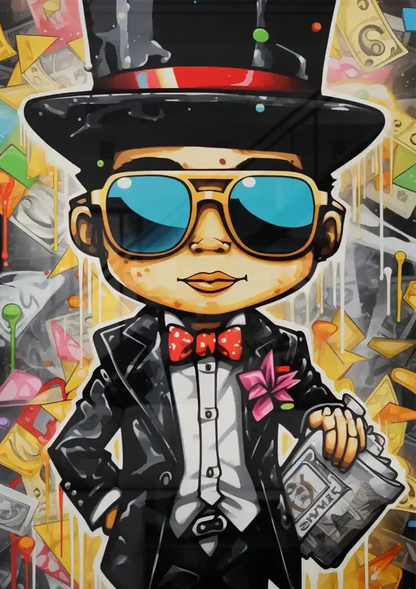 Dapper Man Black Suit Top Hat Sunglasses Newspaper Pop Art Painting