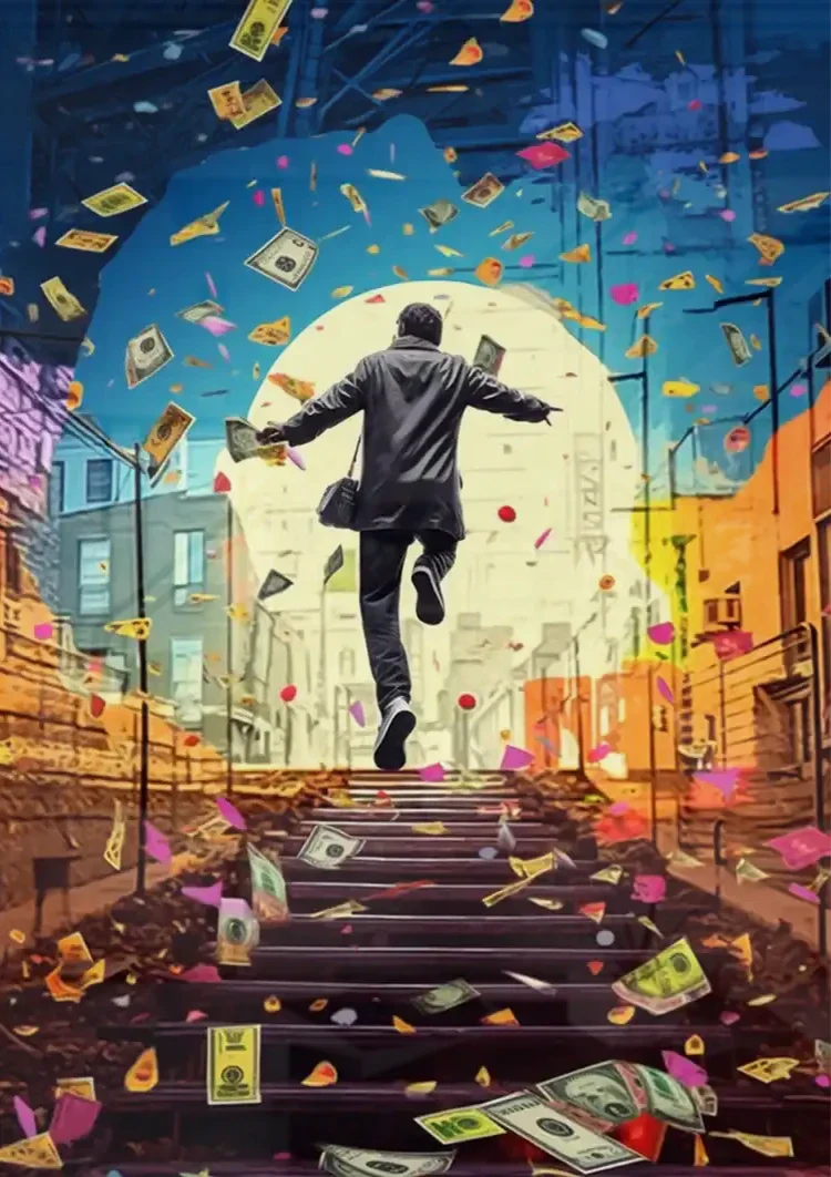 Happy Man Suit Stair Raining Banknotes Pop Art Painting