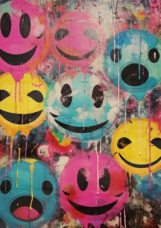 Kleurrijke graffiti smileys canvas schilderij boven het bed in de slaapkamer