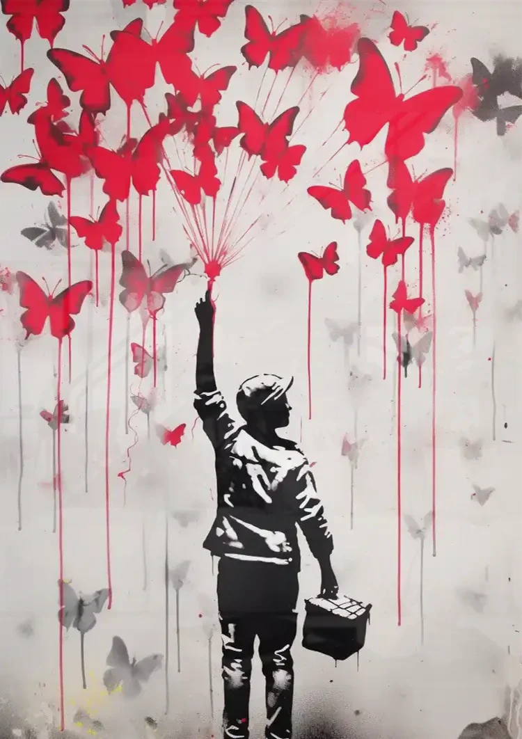 Junge mit roten Schmetterlingen Street Art Silhouettenbild