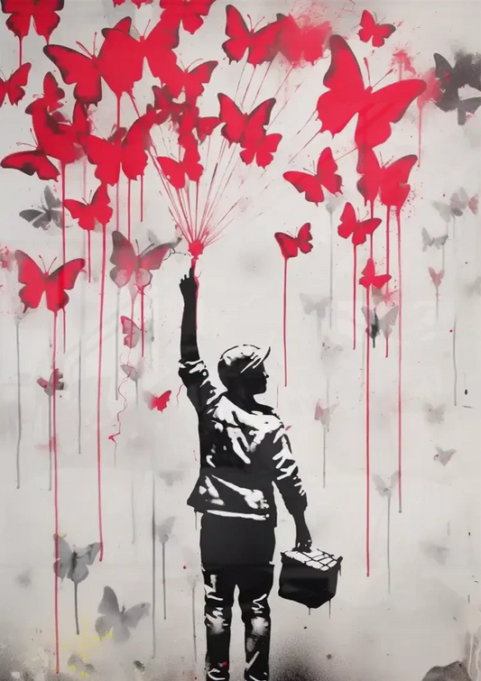Jongen met rode vlinders silhouet canvas schilderij boven het bed in de slaapkamer