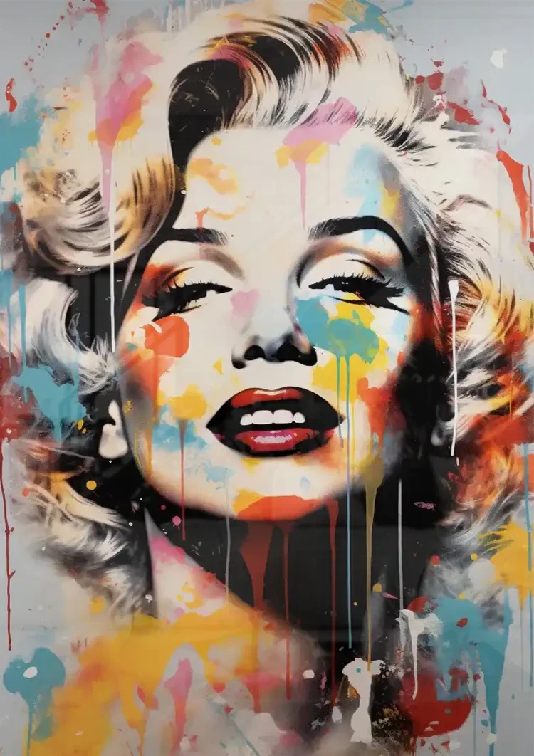 Iconic Woman Portrait Colorful Paint Splatters Pop Art Painting