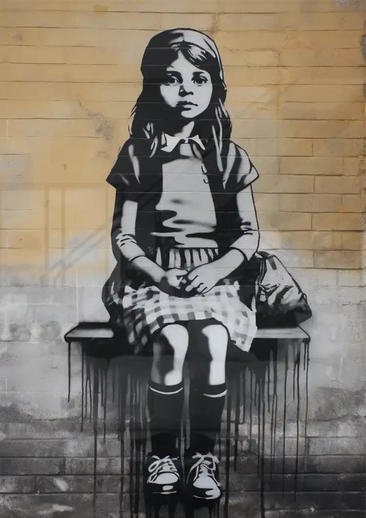 Girl on a Bench Black and White Realistic Painting