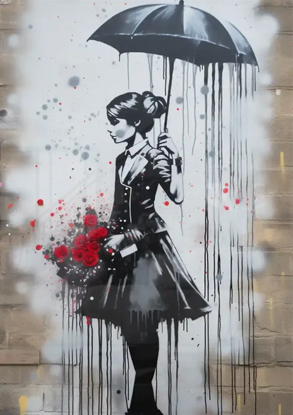 Elegant Lady with Umbrella and Red Roses Painting