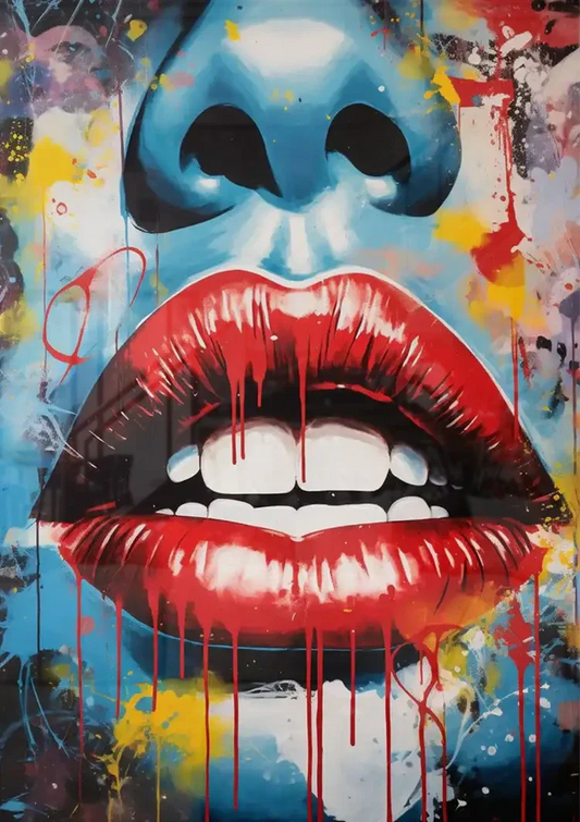 De rode lippen canvas schilderij aan de muur boven het bed in de slaapkamer
