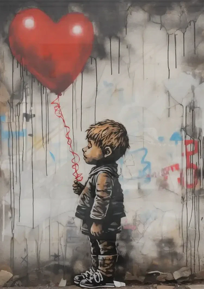 Boy with Red Heart Balloon Banksy Style Realistic Painting