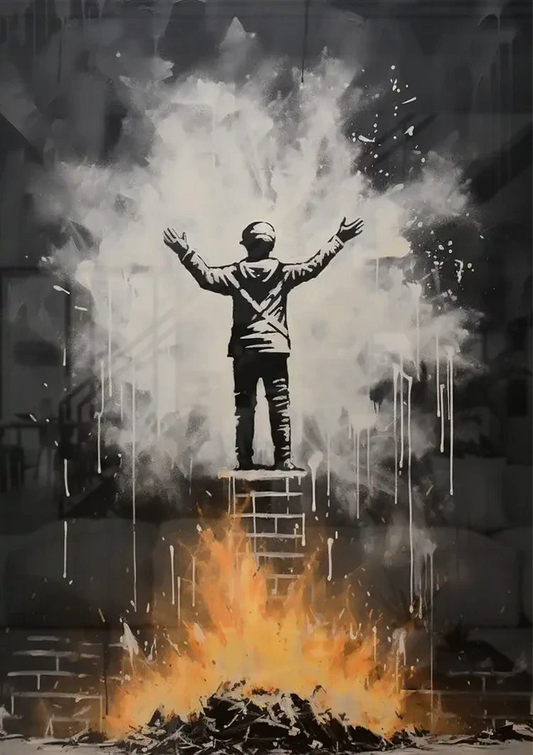 Figuur op de ladder canvas schilderij aan de muur boven het bed in de slaapkamer