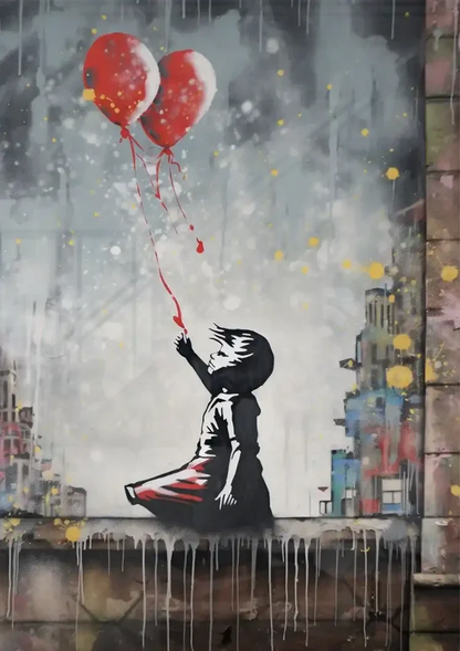 Child with Two Red Heart Balloons Banksy Style Painting