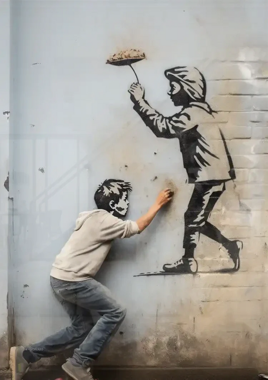 Graffiti kunstenaar canvas schilderij aan de muur boven het bed in de slaapkamer