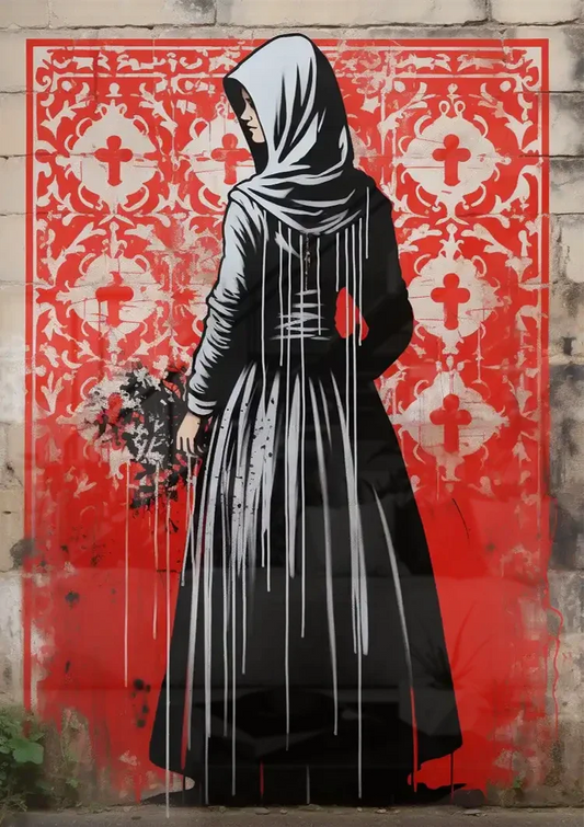 Figuur met bloemen canvas schilderij aan de muur boven het bed in de slaapkamer