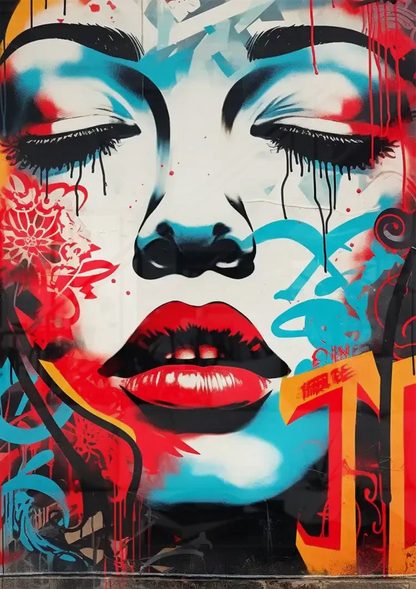 Woman's Face with Red Lips and Blue Tones Pop Art Painting