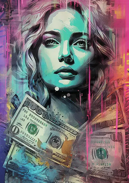 Woman with Dollar Bills Colorful Pop Art Painting