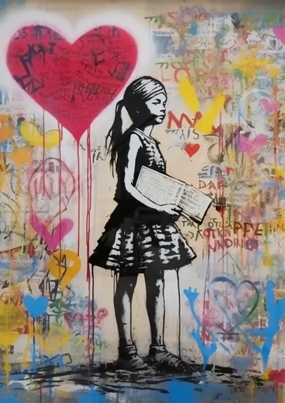 Girl with Red Heart Balloon on Colorful Graffiti Background Painting
