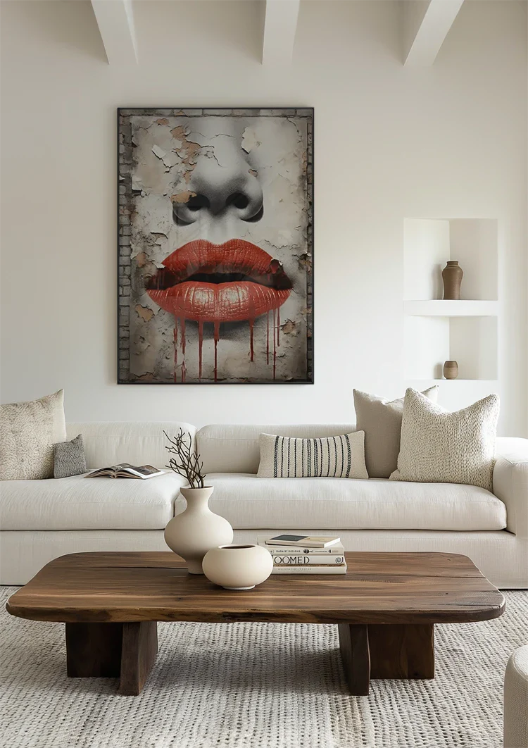 Rote Lippen Tropfendes Street-Art-Gesicht Verwitterte Mauer Grunge-Gemälde