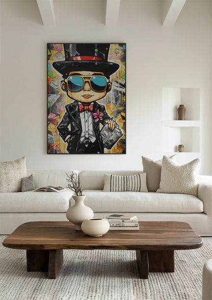 Dapper Man Black Suit Top Hat Sunglasses Newspaper Pop Art Painting