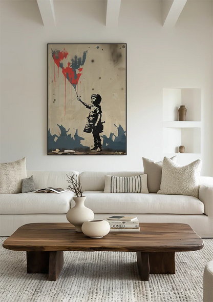 Child with Red Kite Banksy Style Street Art Painting