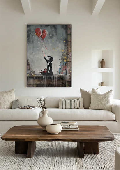 Child with Two Red Heart Balloons Banksy Style Painting