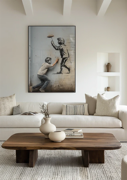 Boy Draws Figure on Wall Street Art Graffiti Painting