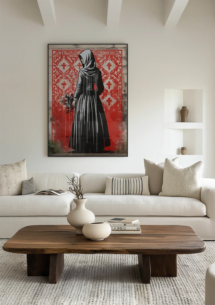Figuur in Zwarte Mantel met Bloemen op Rode Achtergrond Schilderij