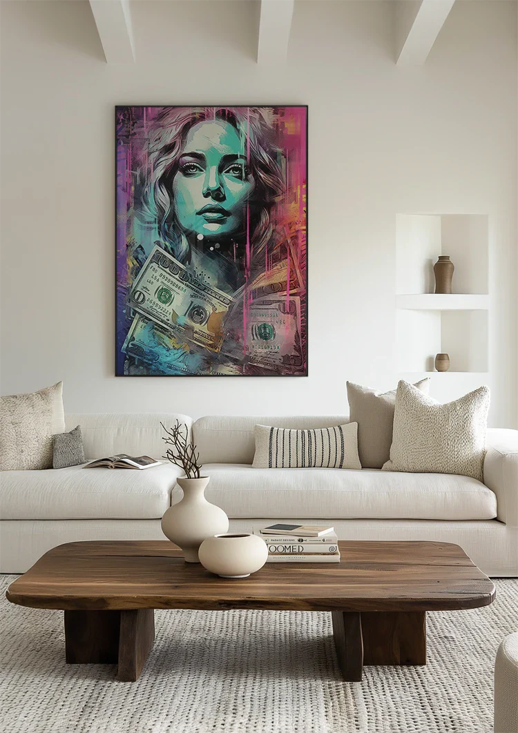 Woman with Dollar Bills Colorful Pop Art Painting