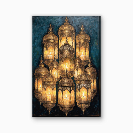 Ramadan lantaarns canvas schilderij in goud en donkerteal