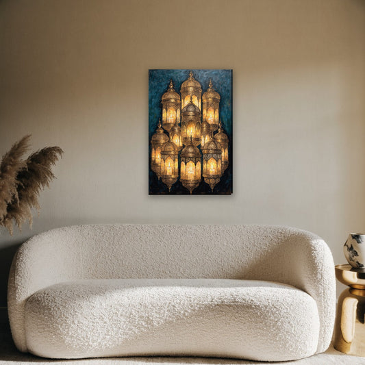 Ramadan lantaarns canvas schilderij aan de muur boven de bank in de woonkamer