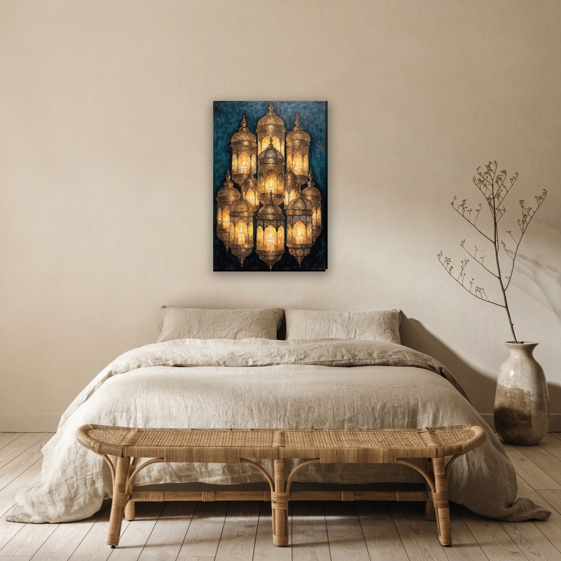 Ramadan lantaarns canvas schilderij aan de muur boven het bed in de slaapkamer