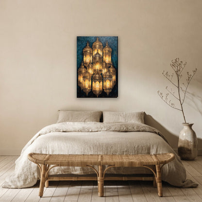 Ramadan lantaarns canvas schilderij aan de muur boven het bed in de slaapkamer