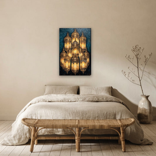 Ramadan lantaarns canvas schilderij aan de muur boven het bed in de slaapkamer