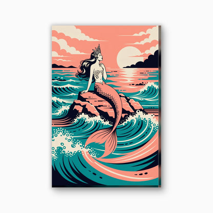 Retro zeemeermin poster canvas schilderij in koraalrood en teal