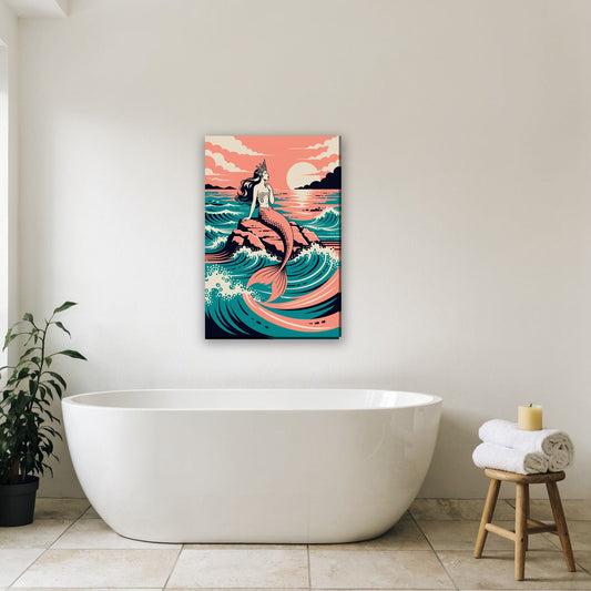 Retro zeemeermin poster canvas schilderij aan de muur in de badkamer boven het bad