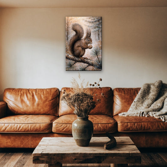 Rode eekhoorn op dennentak canvas schilderij aan de muur boven de bank in een landelijke woonkamer