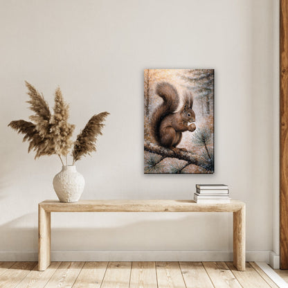 Rode eekhoorn op dennentak canvas schilderij aan de muur in de hal boven een houten bank