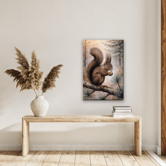 Rode eekhoorn op dennentak canvas schilderij aan de muur in de hal boven een houten bank