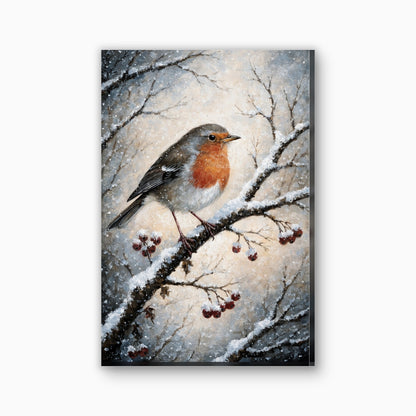Roodborstje op besneeuwde tak canvas schilderij in rood en wit