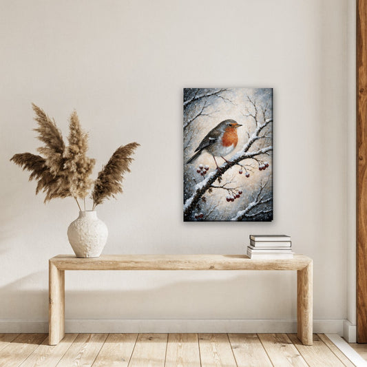 Roodborstje op besneeuwde tak canvas schilderij aan de muur in de hal boven een houten bank