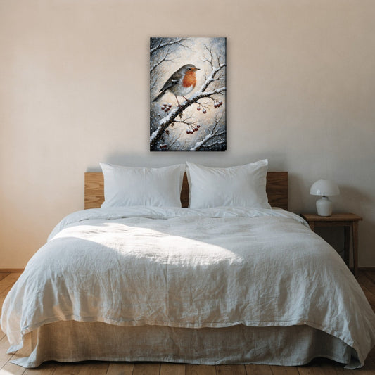 Roodborstje op besneeuwde tak canvas schilderij aan de muur boven het bed in de slaapkamer