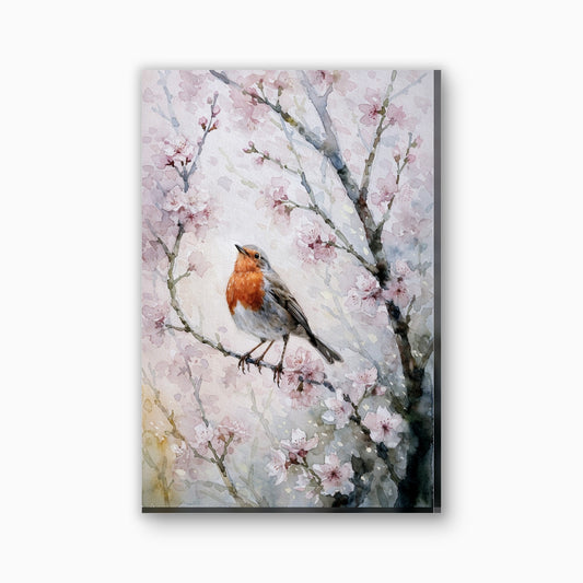 Roodborstje tussen de bloesem canvas schilderij in roze en zachtrood
