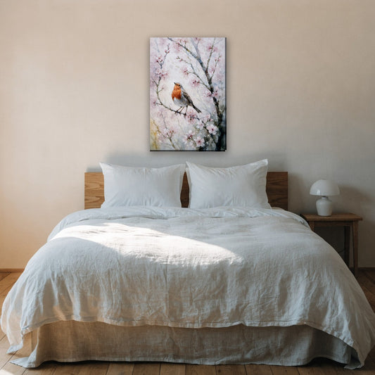 Roodborstje tussen de bloesem canvas schilderij aan de muur boven het bed in de slaapkamer