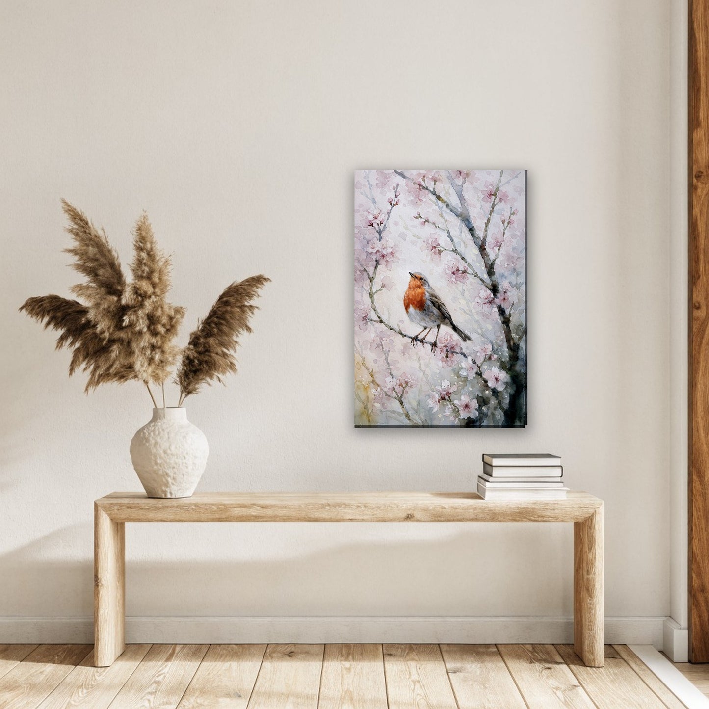 Roodborstje tussen de bloesem canvas schilderij aan de muur in de hal boven een houten bank